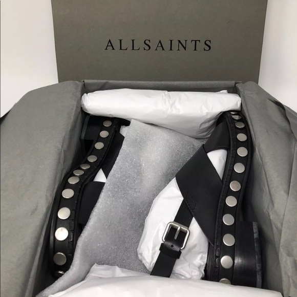 AllSaints Leather Sandal Slingback Strap Stud Heel - Picture 2 of 8